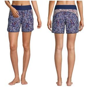Lands End Women’s 5” Swim Shorts Size 4 Deep Sea Navy Paisley Mix Quick Dry Pock